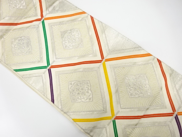 JAPANESE KIMONO / ANTIQUE FUKURO OBI / SILK / WOVEN FLOWER RHOMBUS